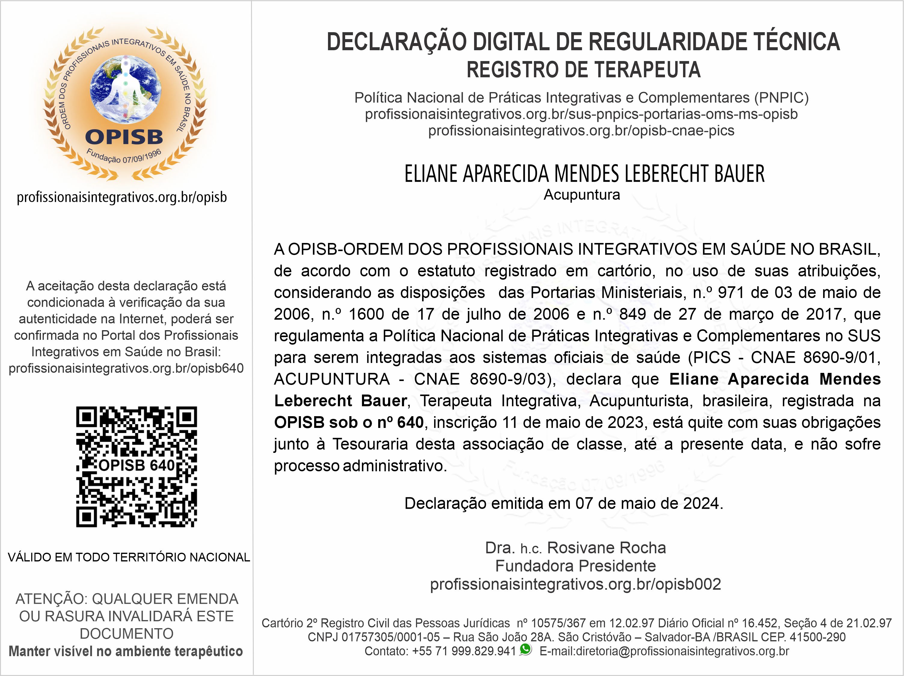 OPISB 640 Declaração Digital de Regularidade Técnica