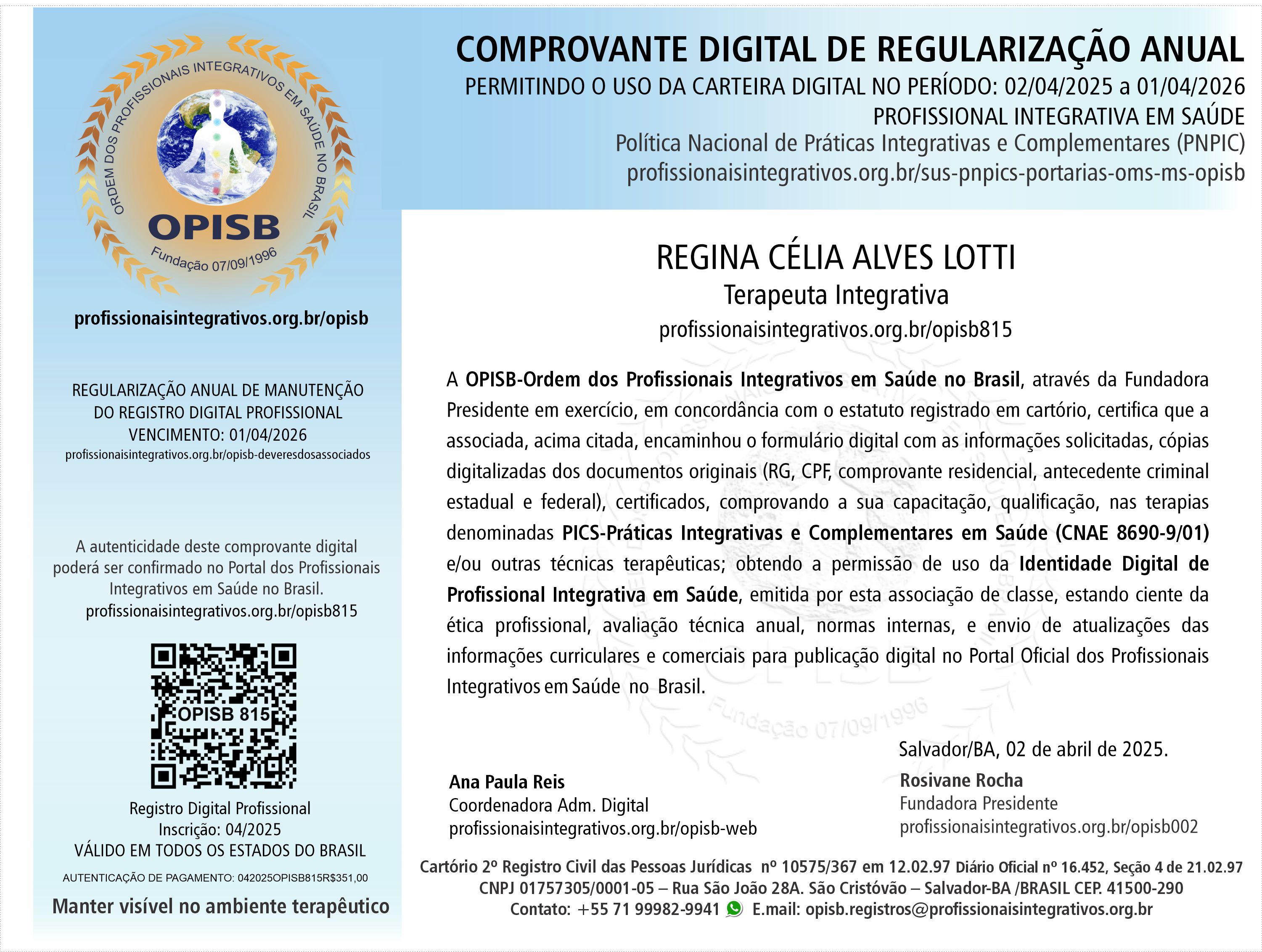 OPISB 815 Regina Célia Alves Lotti Comprovante Digital de Regularização Anual
