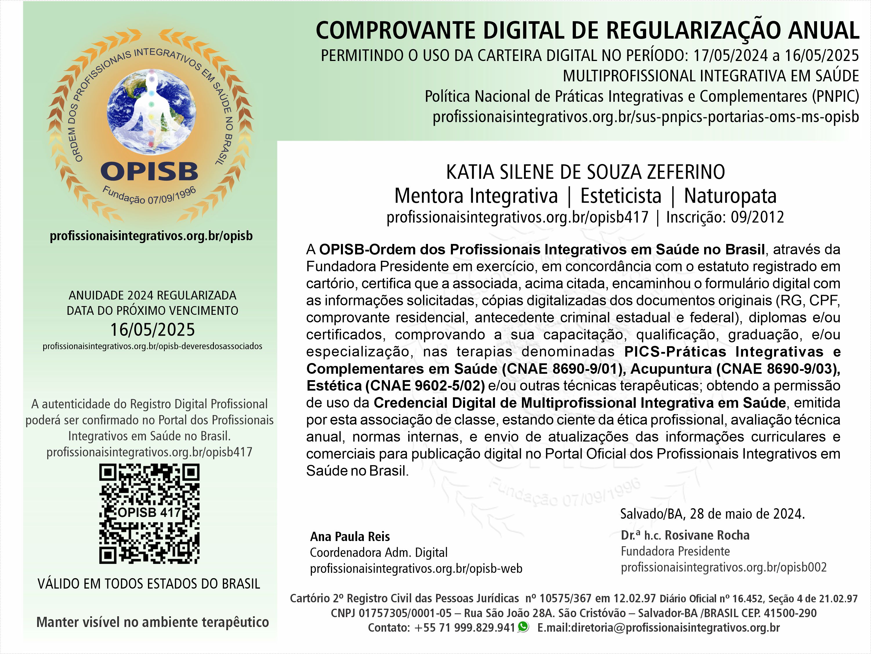 OPISB 417   Dra. Katia Zeferino Comprovante Digital de Regularização Anual