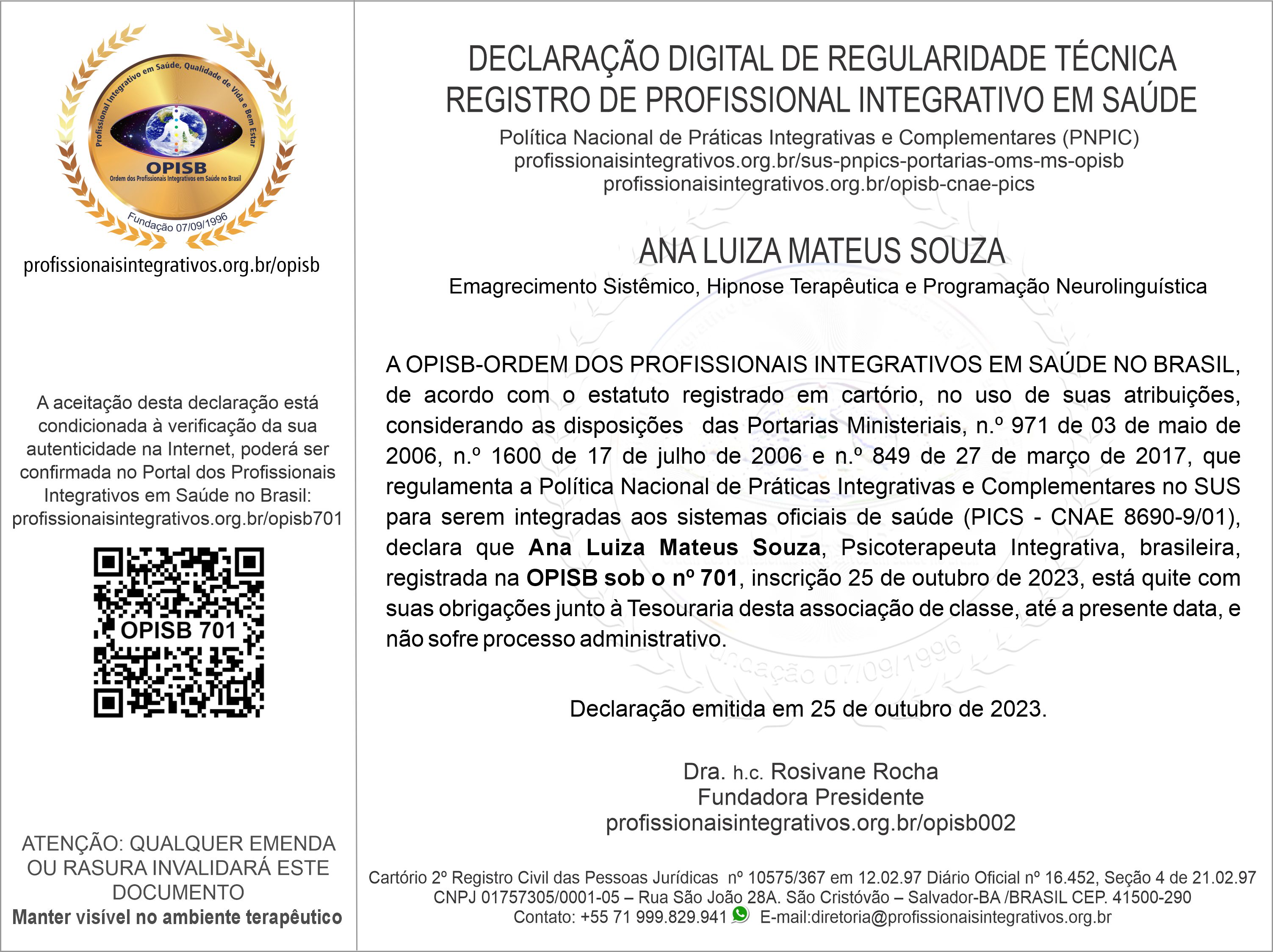 OPISB 701 Declaração Digital de Regularidade Técnica