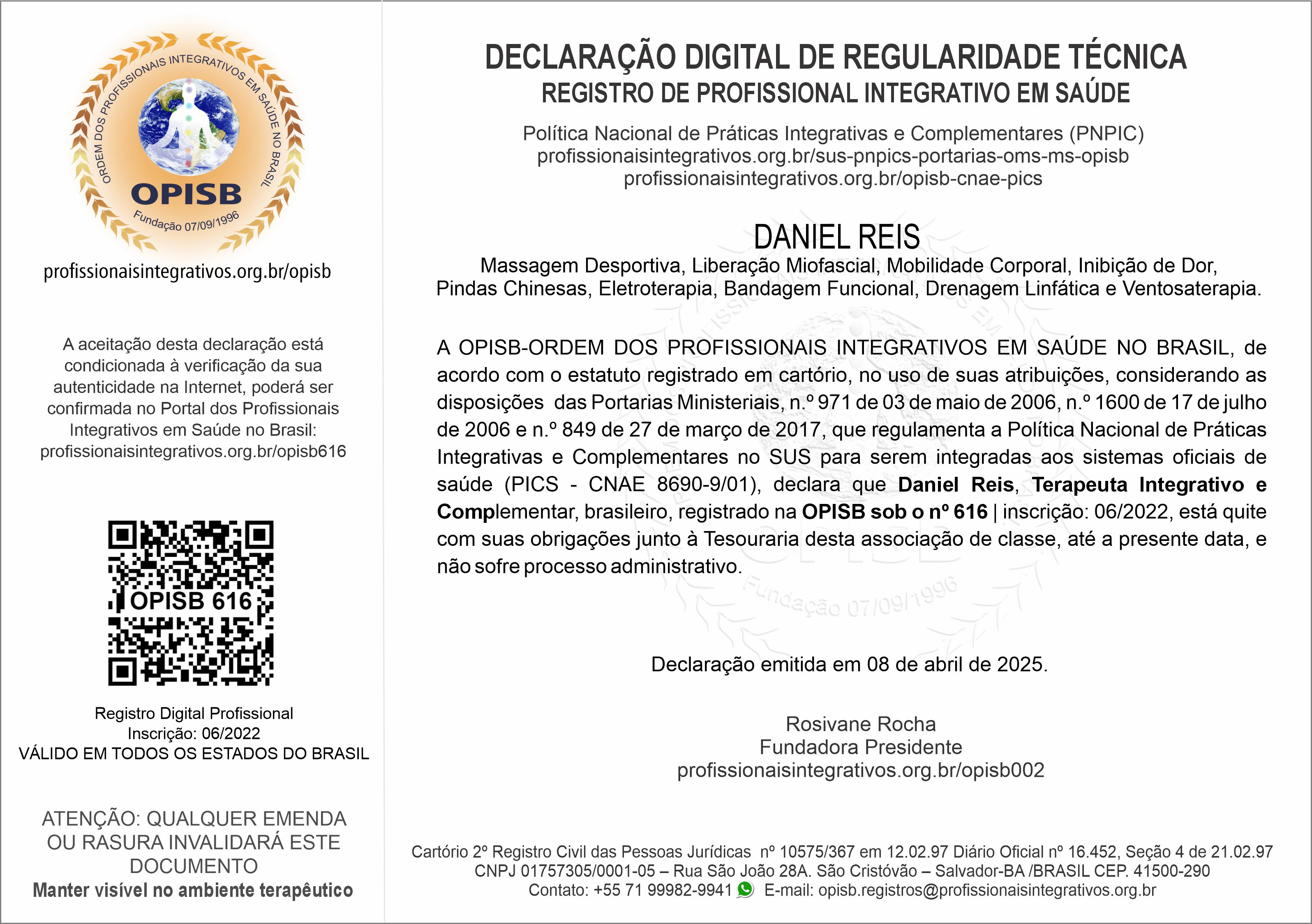 OPISB 616 Daniel Reis Declaração Digital de Regularidade Técnica