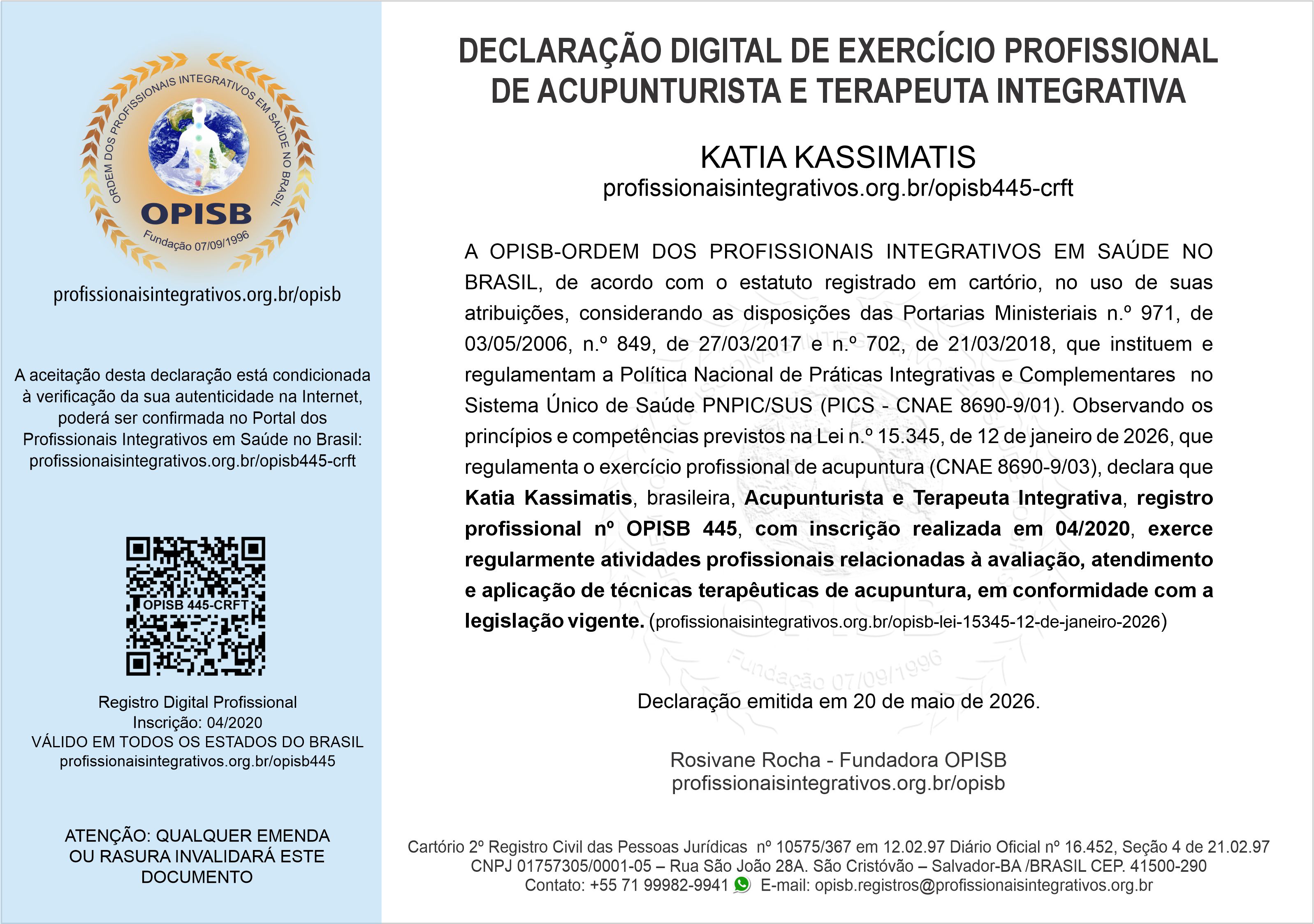 OPISB 445 Katia Kassimatis Declaração Digital de Exercício Profissional de Acupunturitsta e Terapeuta Integrativa