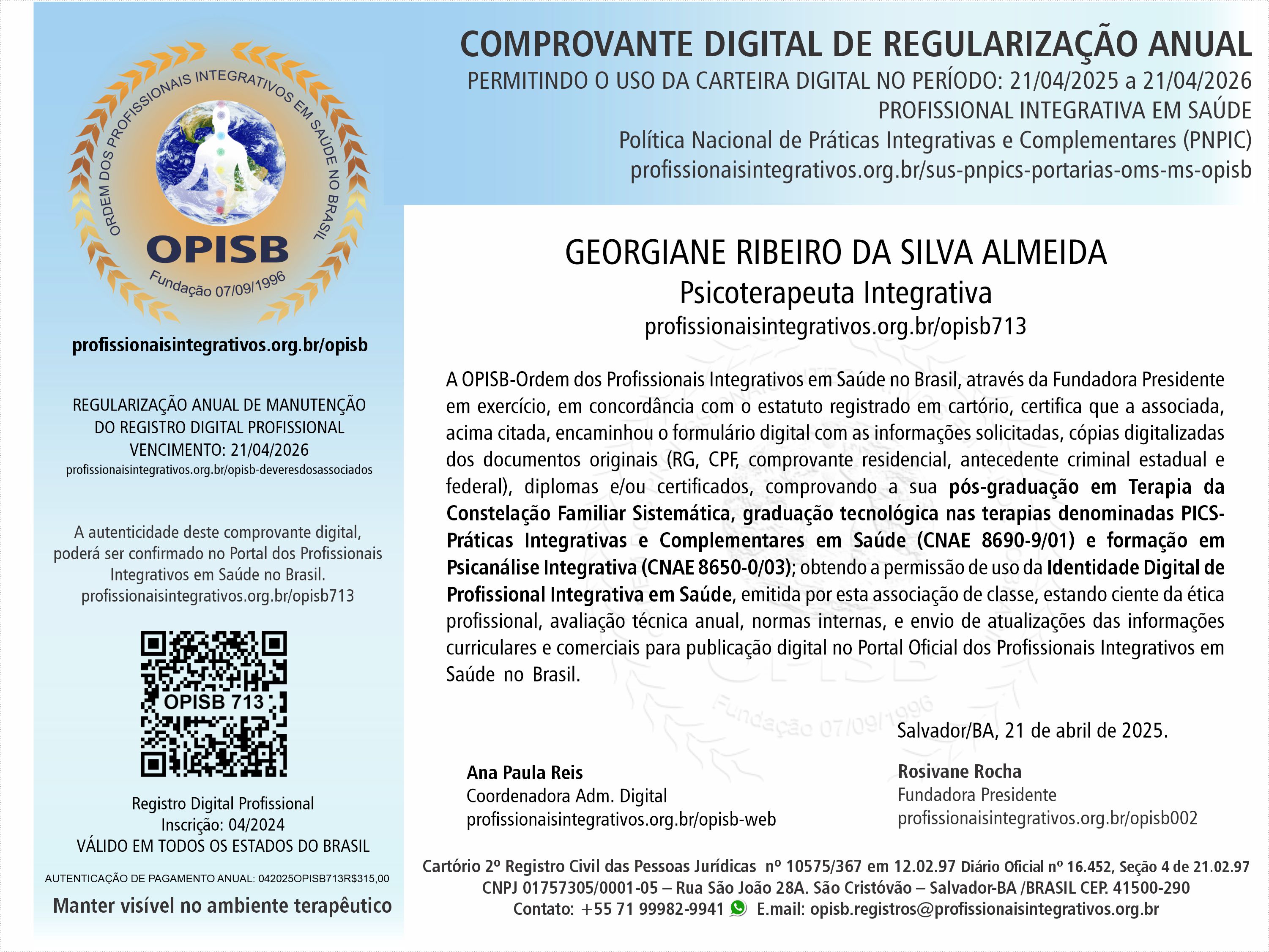 OPISB 713 GEORGIANE RIBEIRO DA SILVA ALMEIDA Comprovante Digital de Regularização Anual