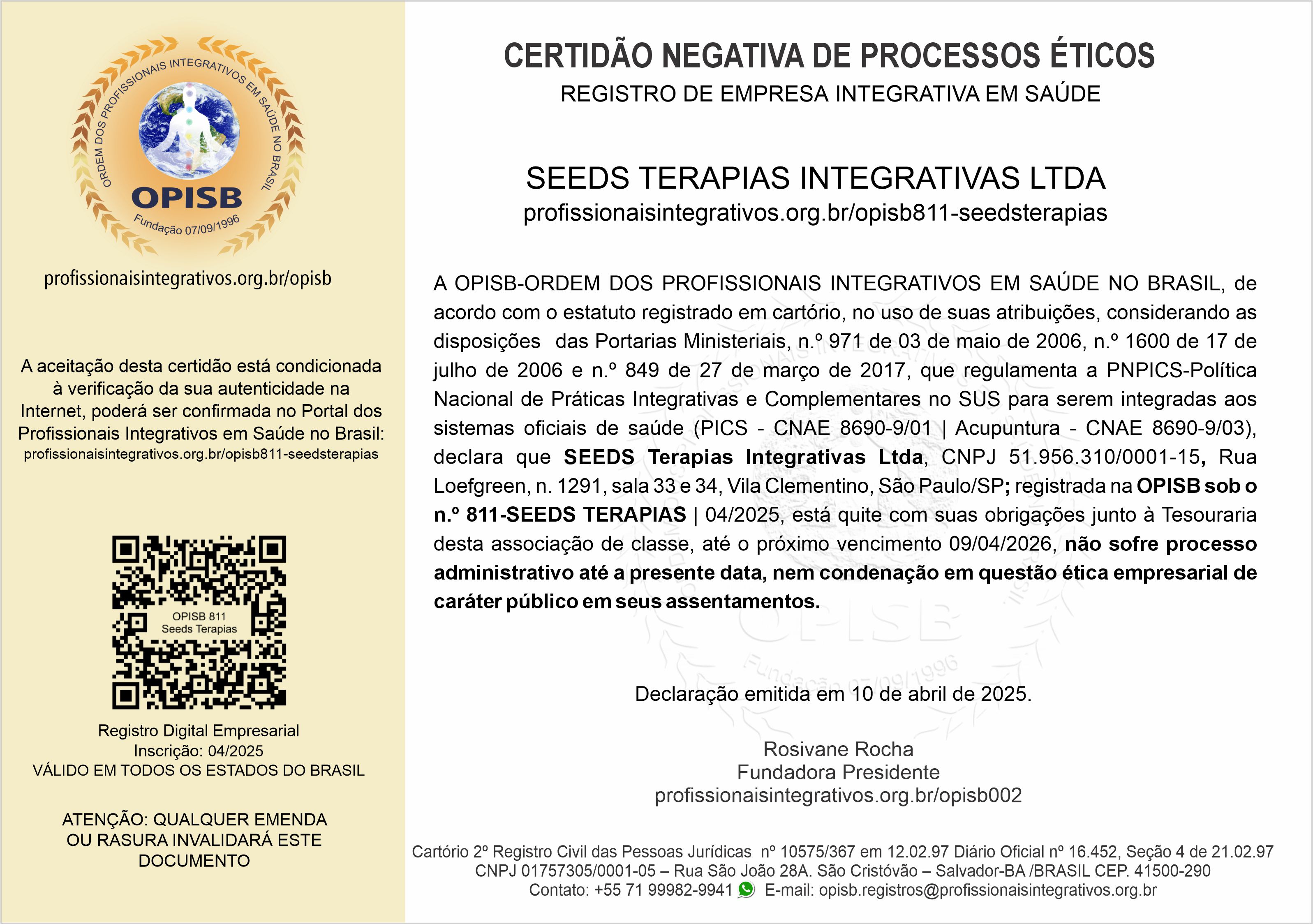 OPISB 811-Seeds Terapias Certidão Negativa de Processos Ético