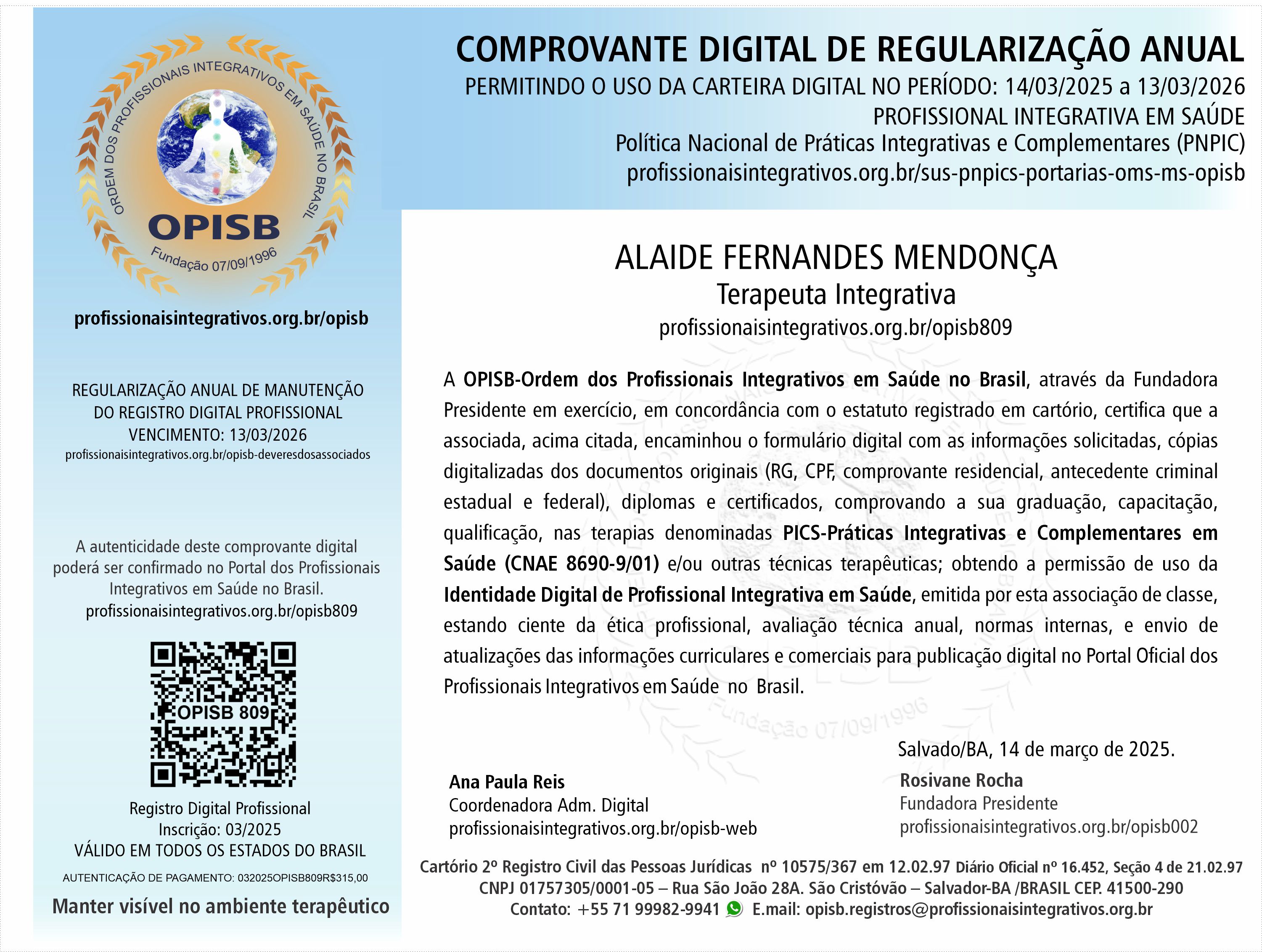OPISB 809 Alaide Fernandes Mendonça Comprovante Digital de Regularização Anual
