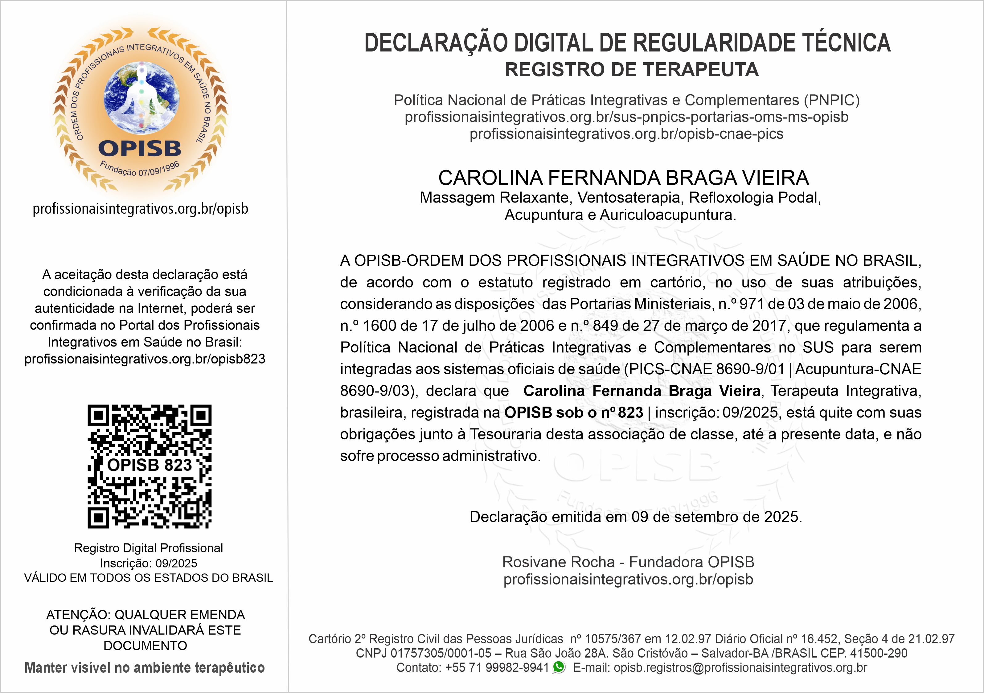 OPISB 823 Carolina Braga Declaração Digital de Regularidade Técnica